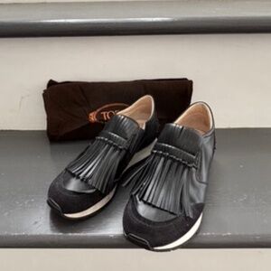 Tod's Black Suede and Leather Fringe Detail Slip On Sneakers